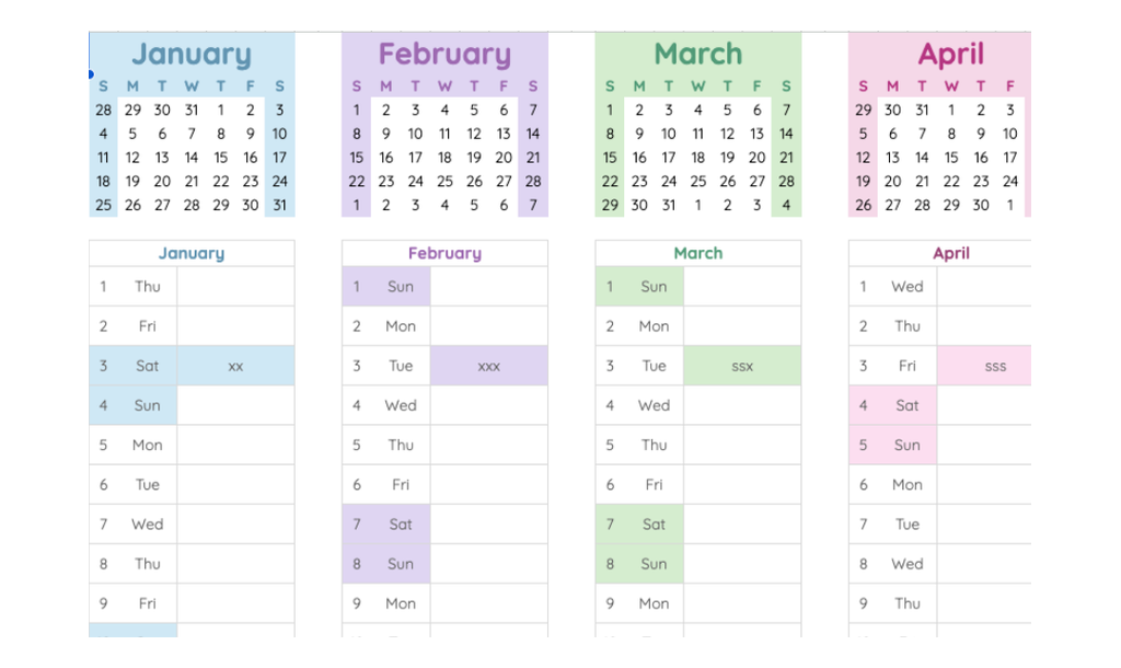 Pillar calendar in color, each month in its own color